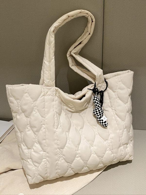 Women's Solid Color Puffer Quilted Design Shoulder Bag with Pom Pom Charm, Fall Fashionable Large Capacity Tote Bag for Daily Used, Casual Trendy Versatile High-quality Daily Commuting Bag