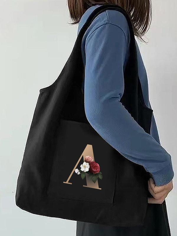 Women's Fashion Letter Pattern Canvas Shoulder Bag,  Casual Large Capacity Picnic Tote Bag, Versatile Trendy Shopping Bag for Daily & Work Use