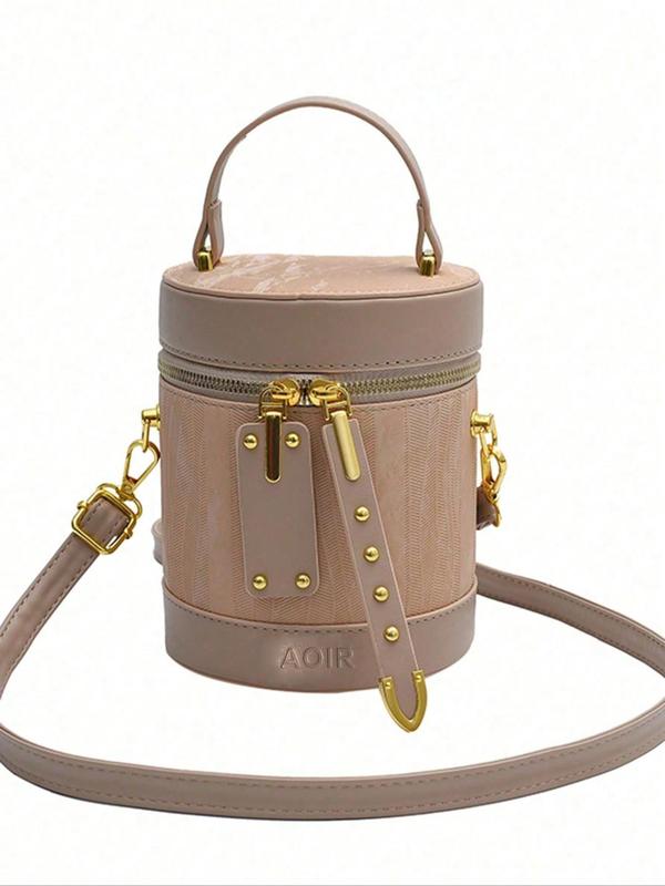 Women's Fashionable Cylindrical Handbag Bucket Bag, Letter Pattern Strap Handbag, Fashionable Pu Zipper Crossbody Bag for Daily Used, Casual Trendy Versatile High-quality Daily Commuting Bag