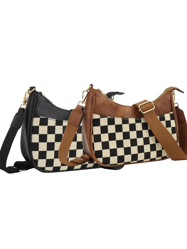 Women's Checked Pattern Crossbody Bag, Fashionable PU Leather Hobo Bag with Adjustable Strap, Casual Versatile Shoulder Bag for Daily Used