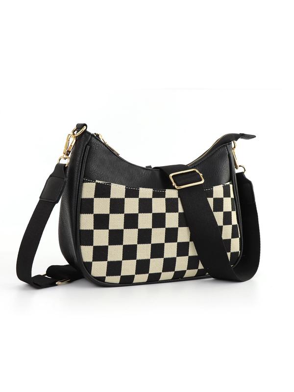 Women's Checked Pattern Crossbody Bag, Fashionable PU Leather Hobo Bag with Adjustable Strap, Casual Versatile Shoulder Bag for Daily Used