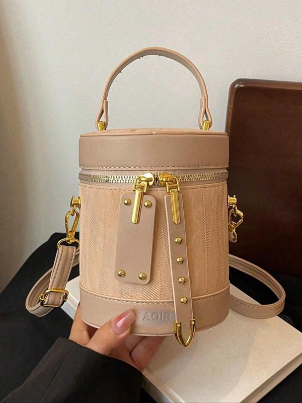 Women's Fashionable Cylindrical Handbag Bucket Bag, Letter Pattern Strap Handbag, Fashionable Pu Zipper Crossbody Bag for Daily Used, Casual Trendy Versatile High-quality Daily Commuting Bag