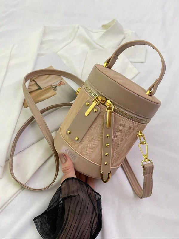 Women's Fashionable Cylindrical Handbag Bucket Bag, Letter Pattern Strap Handbag, Fashionable Pu Zipper Crossbody Bag for Daily Used, Casual Trendy Versatile High-quality Daily Commuting Bag