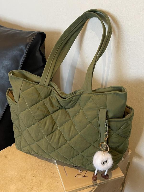 Women's Solid Color Puffer Quilted Design Shoulder Bag with Pom Pom Charm, Fall Fashionable Large Capacity Tote Bag for Daily Used, Casual Trendy Versatile High-quality Daily Commuting Bag