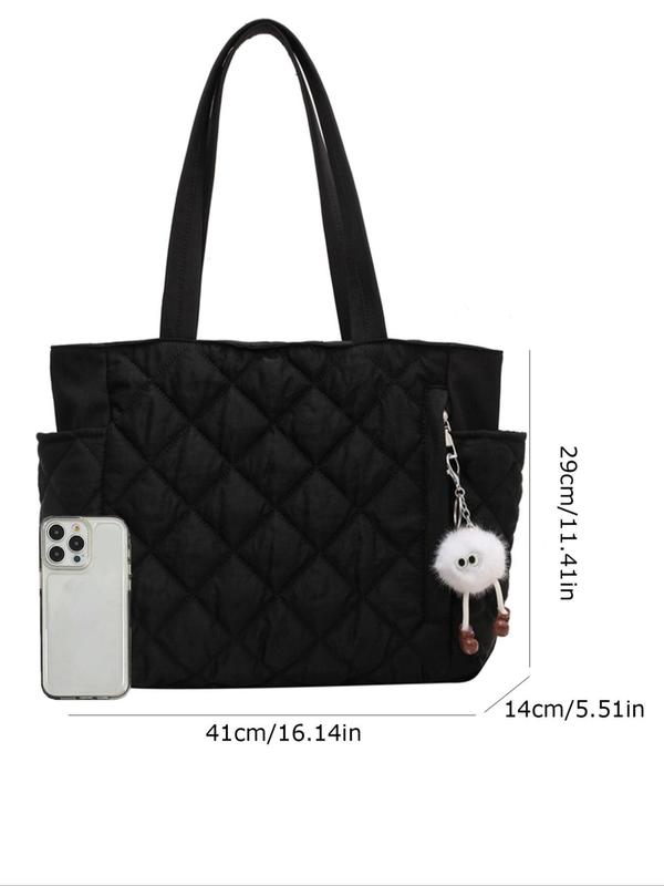 Women's Solid Color Puffer Quilted Design Shoulder Bag with Pom Pom Charm, Fall Fashionable Large Capacity Tote Bag for Daily Used, Casual Trendy Versatile High-quality Daily Commuting Bag