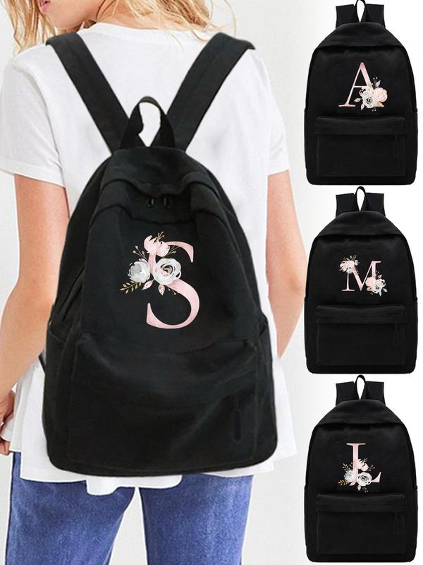 Initial Letter & Floral Pattern Backpack, 1 Count Large Capacity School Bag for Student Teens Girls, Outdoor Travel Backpack for Men Women, Harajuku Laptop Backpack