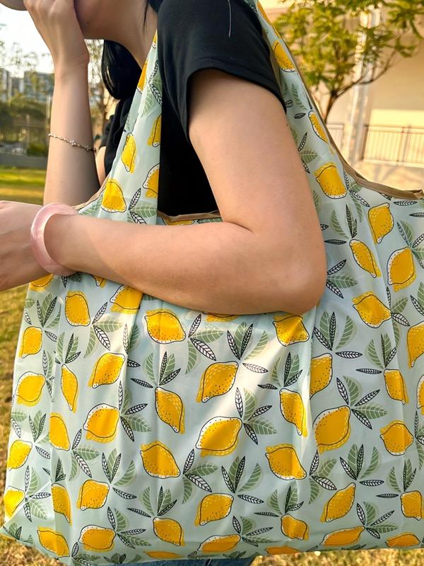 Women's Lemon Pattern Tote Bag, Summer 2024 Large Capacity High Load-bearing Waterproof Foldable Shoulder Bag for Outdoor Shopping