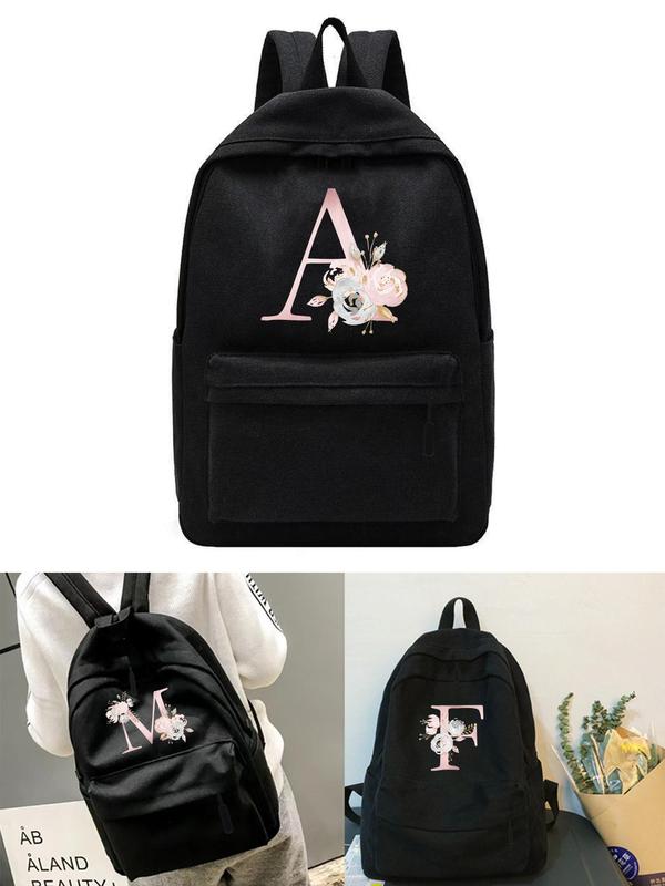 Initial Letter & Floral Pattern Backpack, 1 Count Large Capacity School Bag for Student Teens Girls, Outdoor Travel Backpack for Men Women, Harajuku Laptop Backpack