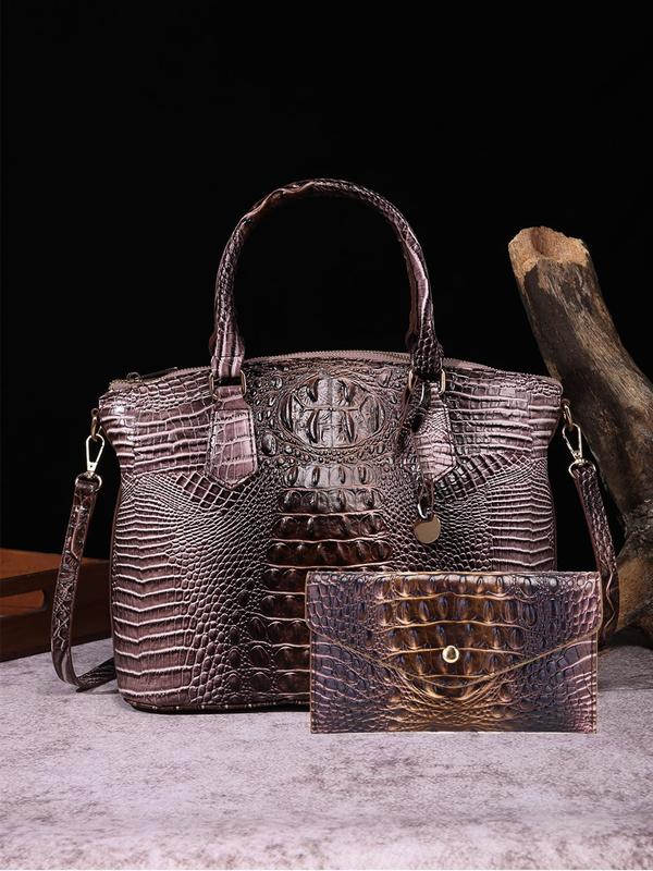 Women's Fashionable Crocodile Embossed Handbag & Wallet, Casual Versatile Shoulder Bag Set for Daily Used, Trendy High-quality Daily Commuting Bag Unique Everyday Designer Bags