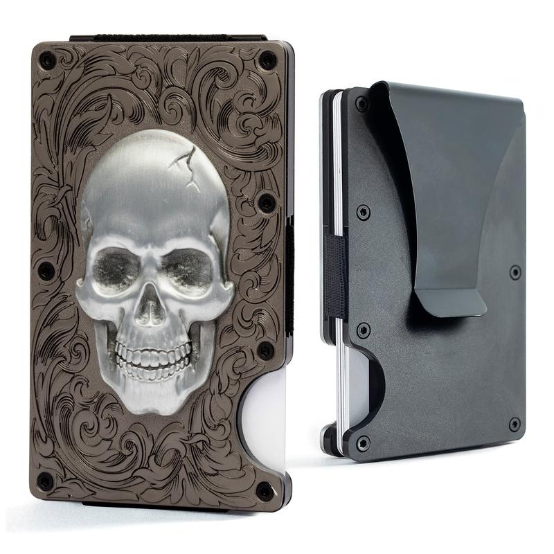 Skull Slim Cardholder Wallet with Clip – Antique Silver Matte Black Zinc Alloy – RFID Blocking Front Pocket Card Holder for Men