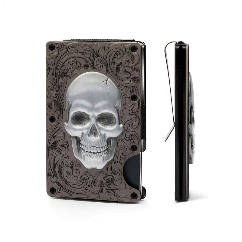 Skull Slim Cardholder Wallet with Clip – Antique Silver Matte Black Zinc Alloy – RFID Blocking Front Pocket Card Holder for Men