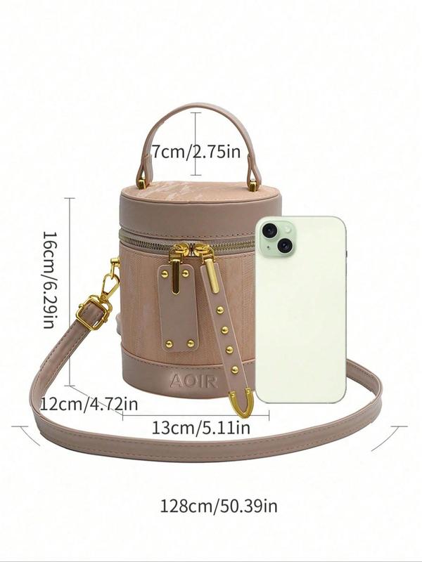 Women's Fashionable Cylindrical Handbag Bucket Bag, Letter Pattern Strap Handbag, Fashionable Pu Zipper Crossbody Bag for Daily Used, Casual Trendy Versatile High-quality Daily Commuting Bag