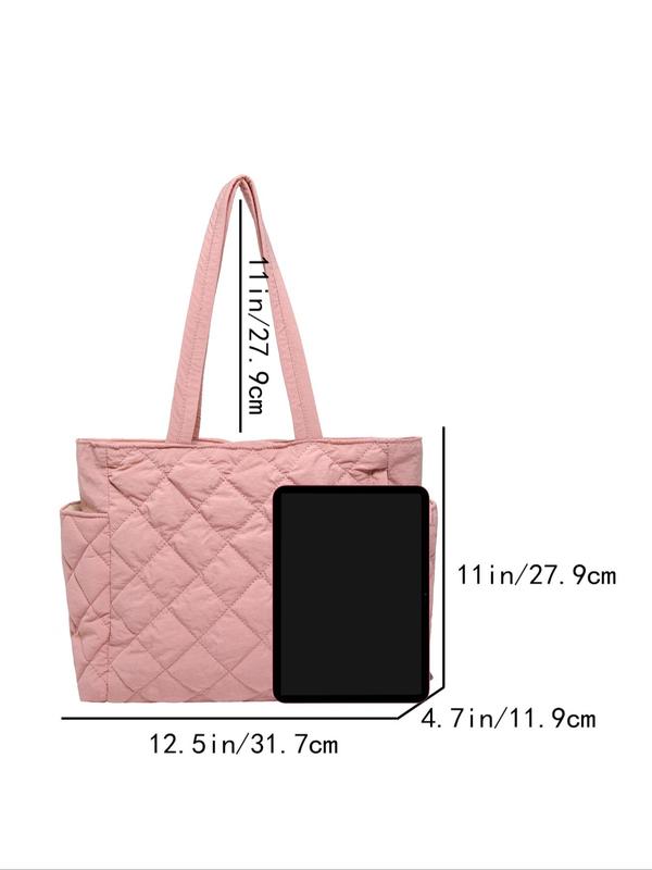 Women's Solid Color Puffer Quilted Design Shoulder Bag with Pom Pom Charm, Fall Fashionable Large Capacity Tote Bag for Daily Used, Casual Trendy Versatile High-quality Daily Commuting Bag