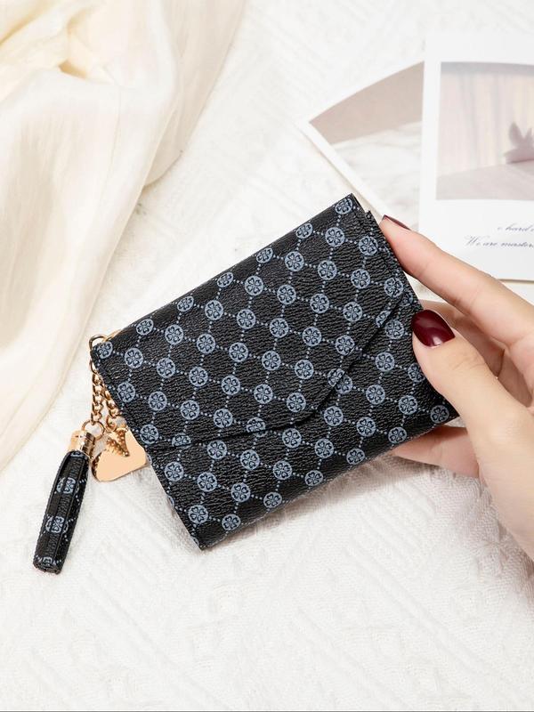 Women's Classic Geometry Pattern Short Wallet, Vintage Style Multi Card Slots Coin Purse with Tassel Charm, Business Casual Credit Card Wallet