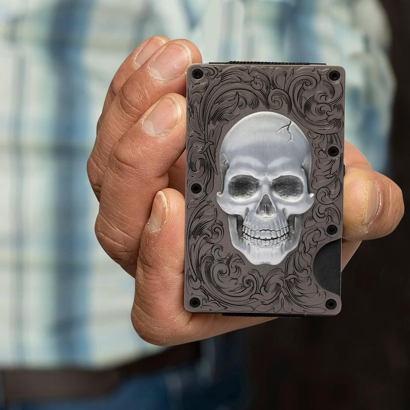 Skull Slim Cardholder Wallet with Clip – Antique Silver Matte Black Zinc Alloy – RFID Blocking Front Pocket Card Holder for Men