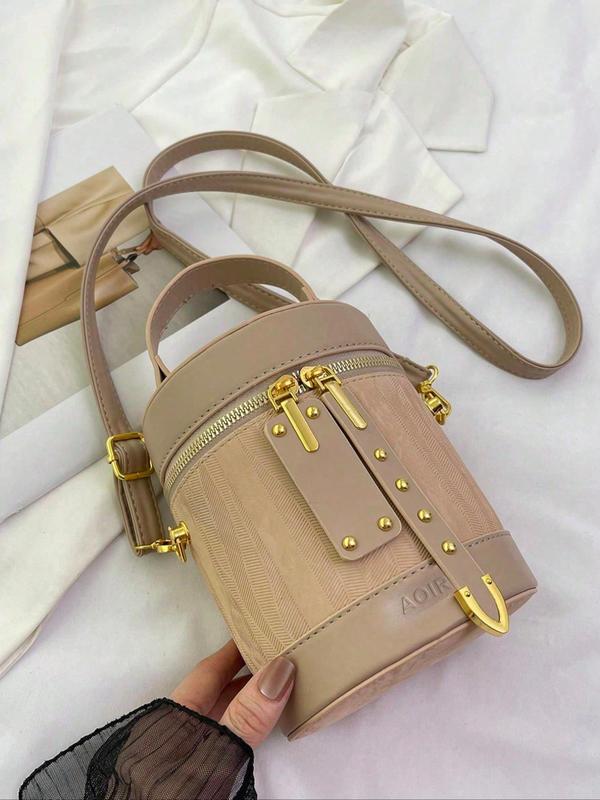 Women's Fashionable Cylindrical Handbag Bucket Bag, Letter Pattern Strap Handbag, Fashionable Pu Zipper Crossbody Bag for Daily Used, Casual Trendy Versatile High-quality Daily Commuting Bag