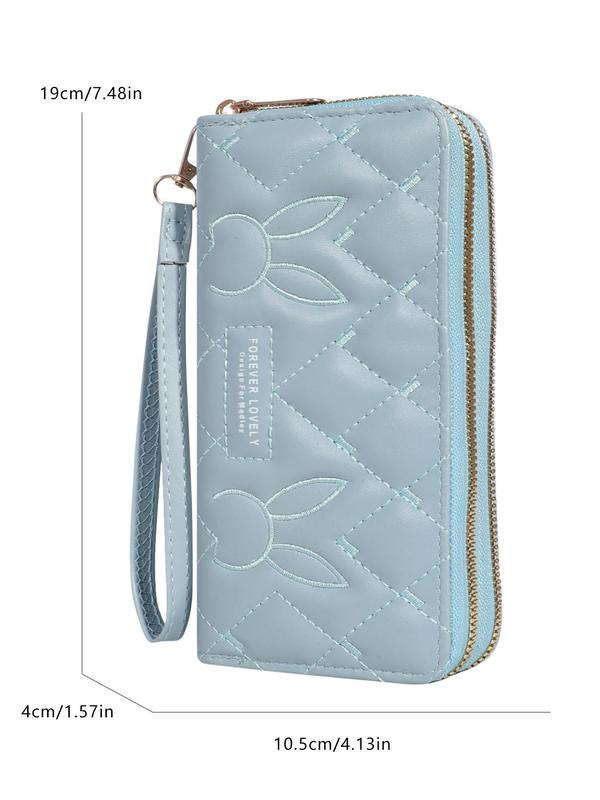 Women's  Rabbit Embroidery Quilted Long Wallet, Large Capacity Zipper Coin Purse, Fashionable Pu Leather Zipper Wallet for Daily Used