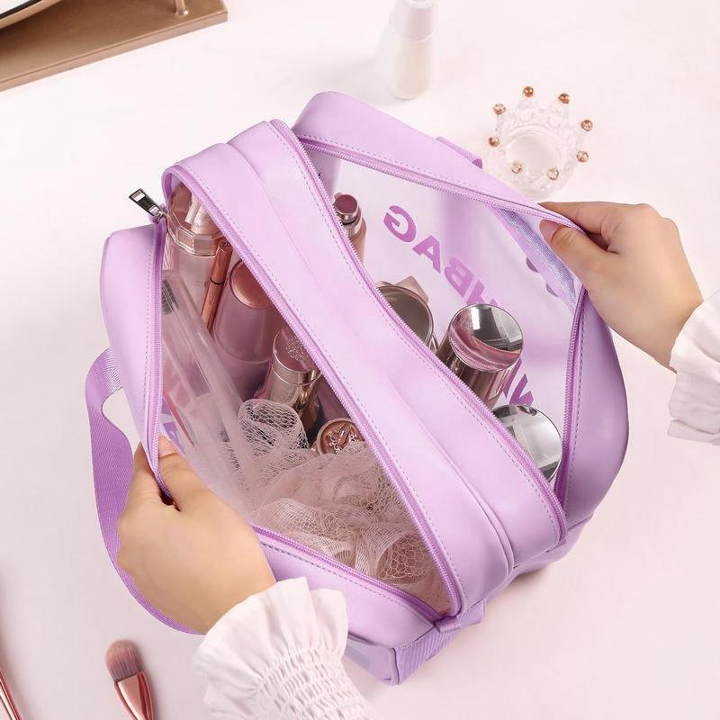 Large Capacity Double-layer Semi Transparent Toiletry and Makeup Bag, Portable Travel Toiletry Bag, Multifunctional Storage Bag for Bath and Swimming, Gift for Girlfriend