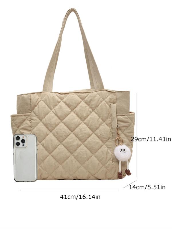 Women's Solid Color Puffer Quilted Design Shoulder Bag with Pom Pom Charm, Fall Fashionable Large Capacity Tote Bag for Daily Used, Casual Trendy Versatile High-quality Daily Commuting Bag