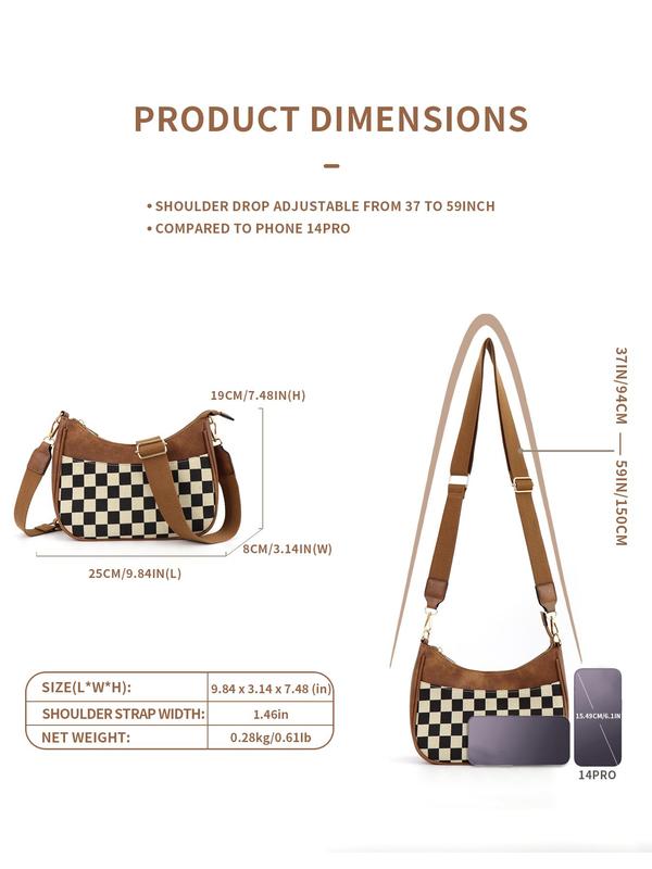 Women's Checked Pattern Crossbody Bag, Fashionable PU Leather Hobo Bag with Adjustable Strap, Casual Versatile Shoulder Bag for Daily Used