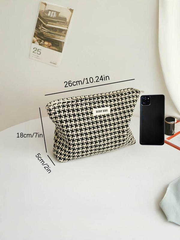 Letter Patched Design Houndstooth Pattern Makeup Bag, Casual Large Capacity Cosmetic Storage Bag, Portable Toiletry Bag for Travel & Daily Use