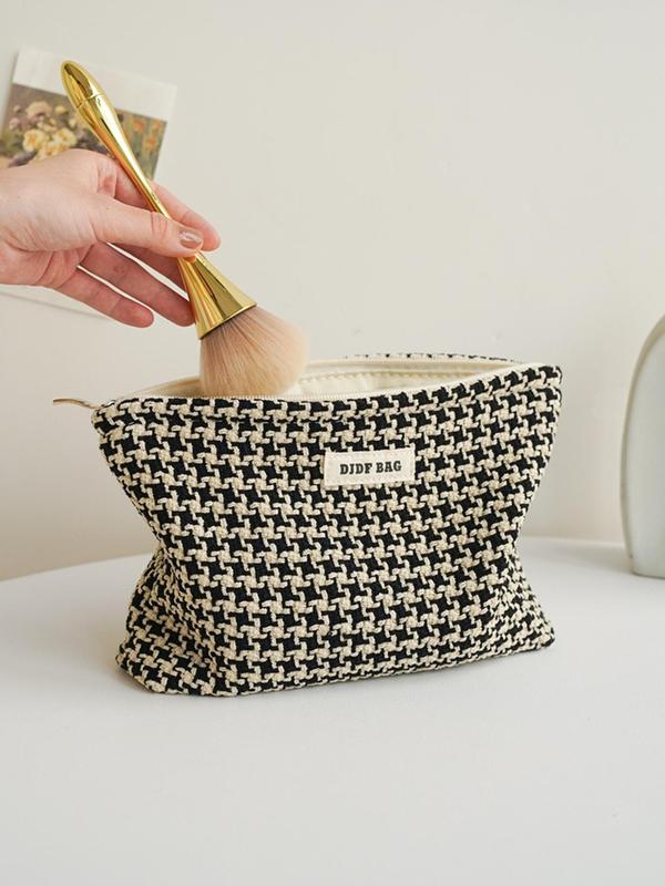 Letter Patched Design Houndstooth Pattern Makeup Bag, Casual Large Capacity Cosmetic Storage Bag, Portable Toiletry Bag for Travel & Daily Use