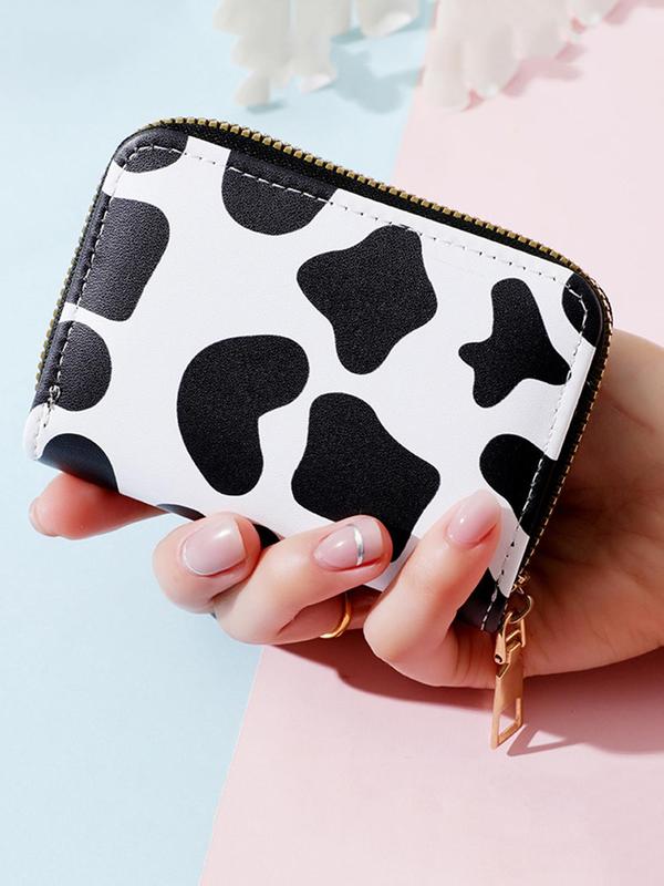 Women's Cow Pattern Zipper Short Wallet, Casual Colorblock Pu Leather Card Holder, Multi Card Slot Purse for Daily Used