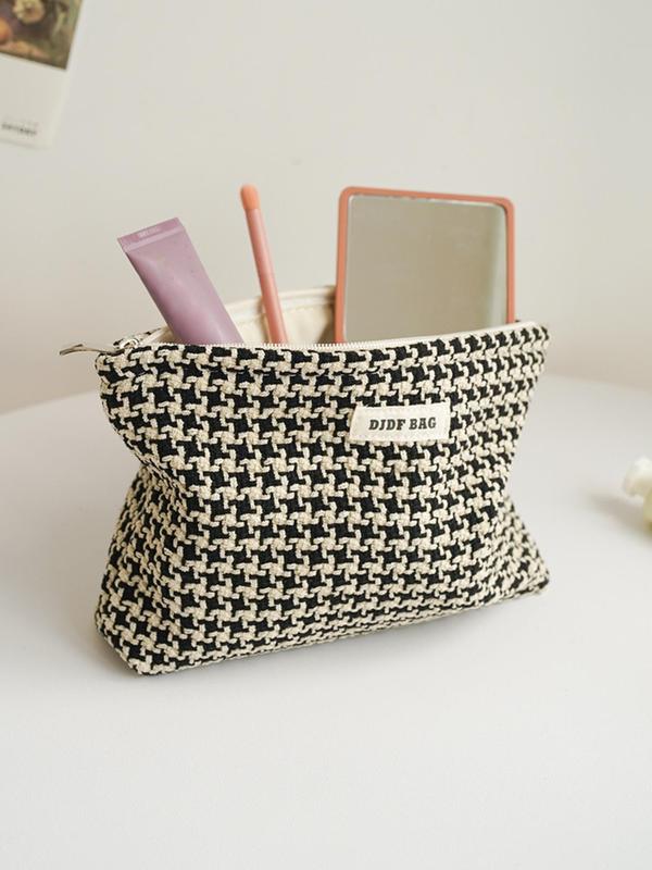 Letter Patched Design Houndstooth Pattern Makeup Bag, Casual Large Capacity Cosmetic Storage Bag, Portable Toiletry Bag for Travel & Daily Use