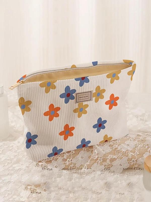 Colorful Floral Pattern Lightweight Multi-functional Cosmetic Bag, Zipper Letter Patched Design Makeup Organizer Pouch for Travel, Commute, Daily Used