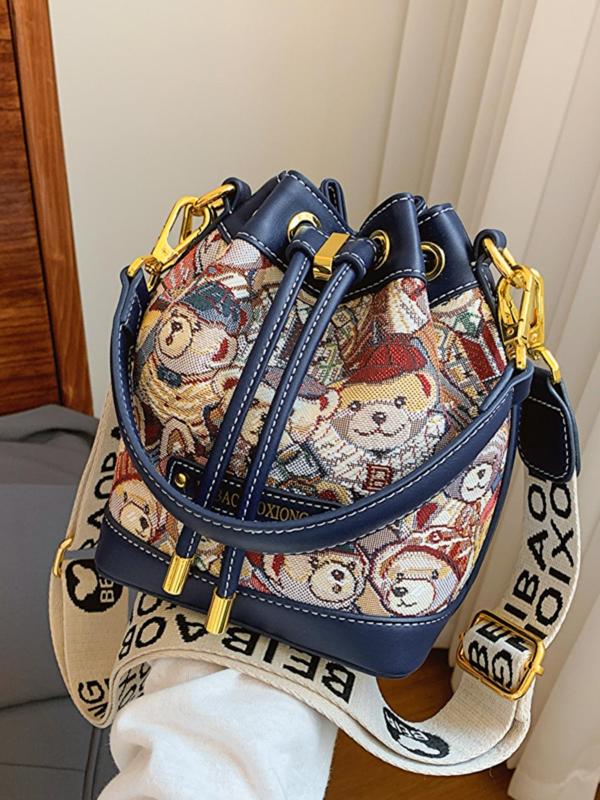 Women's Fashionable Cartoon Bear Embroidery Shoulder Bag, Casual Versatile Crossbody Bag with Letter Label Strap, Trendy All-match Underarm Bag for Daily Used