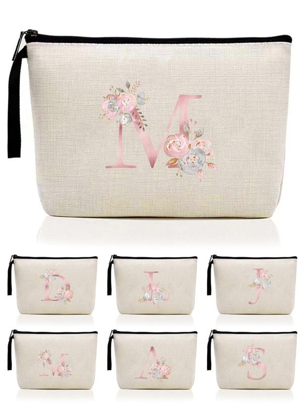 Letter & Floral Pattern Makeup Bag, Initial Letter Print Portable Cosmetic Bag, Travel Canvas Cosmetic Storage Bag, Birthday Gift