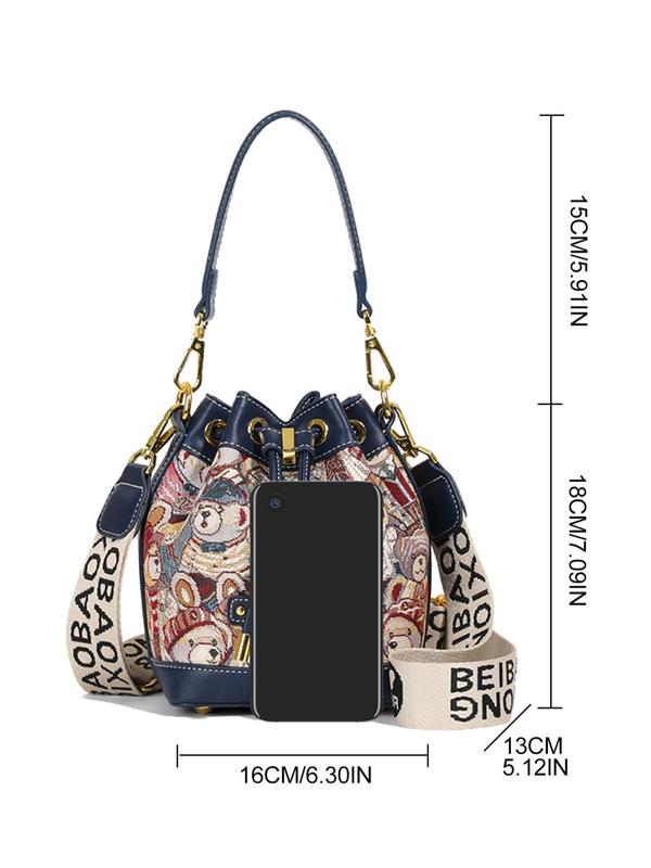 Women's Fashionable Cartoon Bear Embroidery Shoulder Bag, Casual Versatile Crossbody Bag with Letter Label Strap, Trendy All-match Underarm Bag for Daily Used