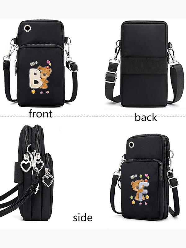 Women's Cute Cartoon Bear & Letter Pattern Zipper Crossbody Bag, Fashionable Phone Wallet Bag for Daily Life, Casual Trendy Versatile Crossbody Bag with Earphone Port