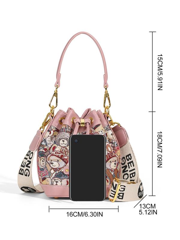 Women's Fashionable Cartoon Bear Embroidery Shoulder Bag, Casual Versatile Crossbody Bag with Letter Label Strap, Trendy All-match Underarm Bag for Daily Used