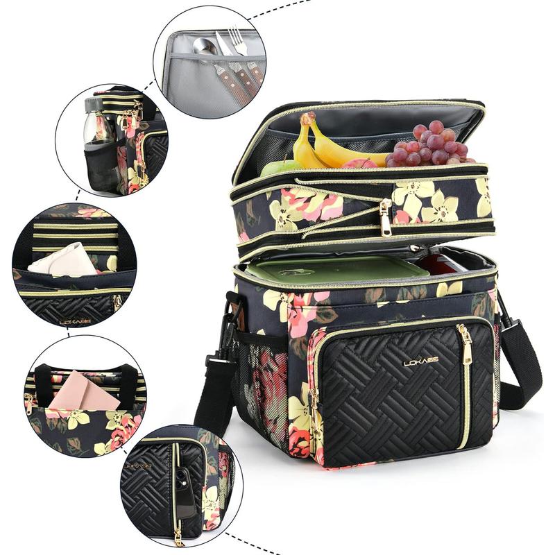 Lunch Bag for Women Work, 16L, Expandable Double Deck Lunch Box, Waterproof Leak-proof Cooler Bag, Fashionable Floral Portable Meal Prep Insulated Lunch Bag with Adjustable Shoulder Strap, Large lunch bag