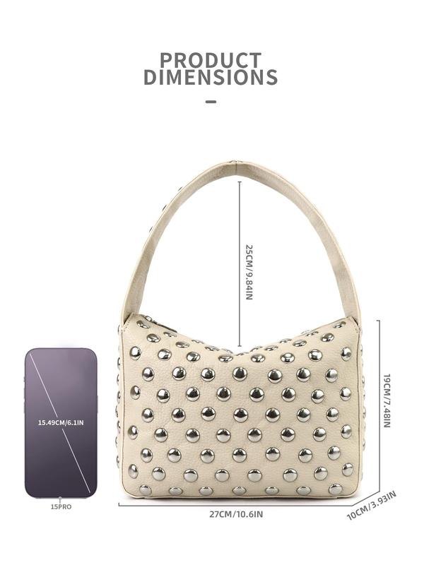 Women's Punk Style Studded Decor Handbag, Fashionable Solid Color Shoulder Bag for Daily Used, Casual Trendy Versatile High-quality Daily Commuting Bag Unique Everyday Designer Bags