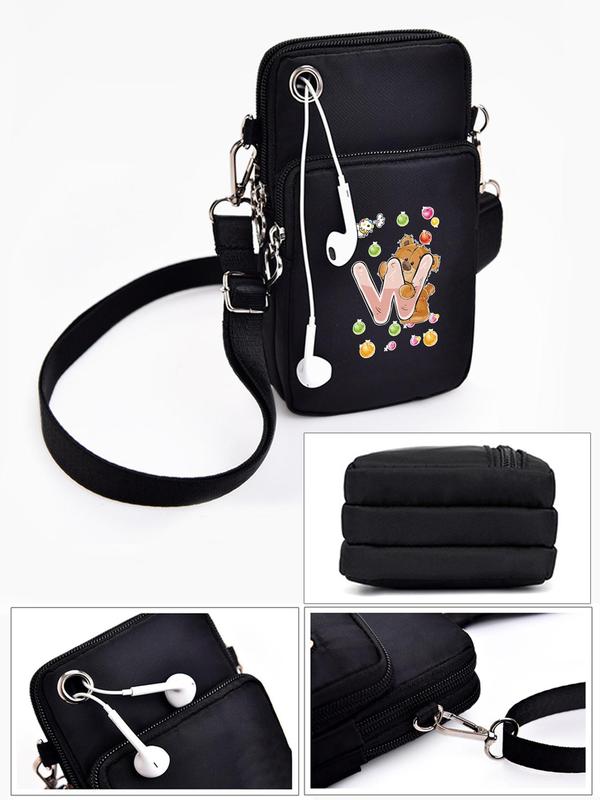 Women's Cute Cartoon Bear & Letter Pattern Zipper Crossbody Bag, Fashionable Phone Wallet Bag for Daily Life, Casual Trendy Versatile Crossbody Bag with Earphone Port