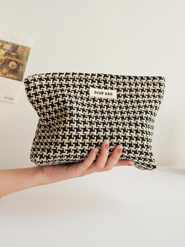 Letter Patched Design Houndstooth Pattern Makeup Bag, Casual Large Capacity Cosmetic Storage Bag, Portable Toiletry Bag for Travel & Daily Use