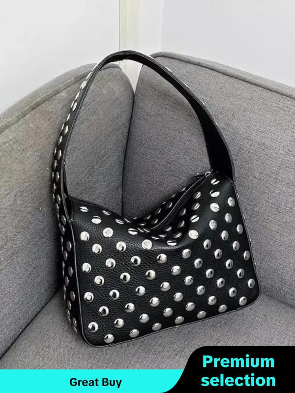 Women's Punk Style Studded Decor Handbag, Fashionable Solid Color Shoulder Bag for Daily Used, Casual Trendy Versatile High-quality Daily Commuting Bag Unique Everyday Designer Bags