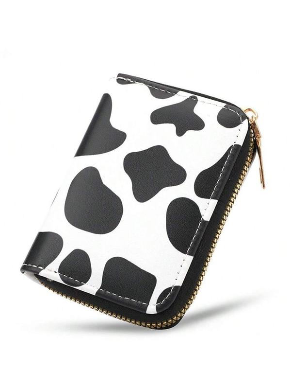 Women's Cow Pattern Zipper Short Wallet, Casual Colorblock Pu Leather Card Holder, Multi Card Slot Purse for Daily Used