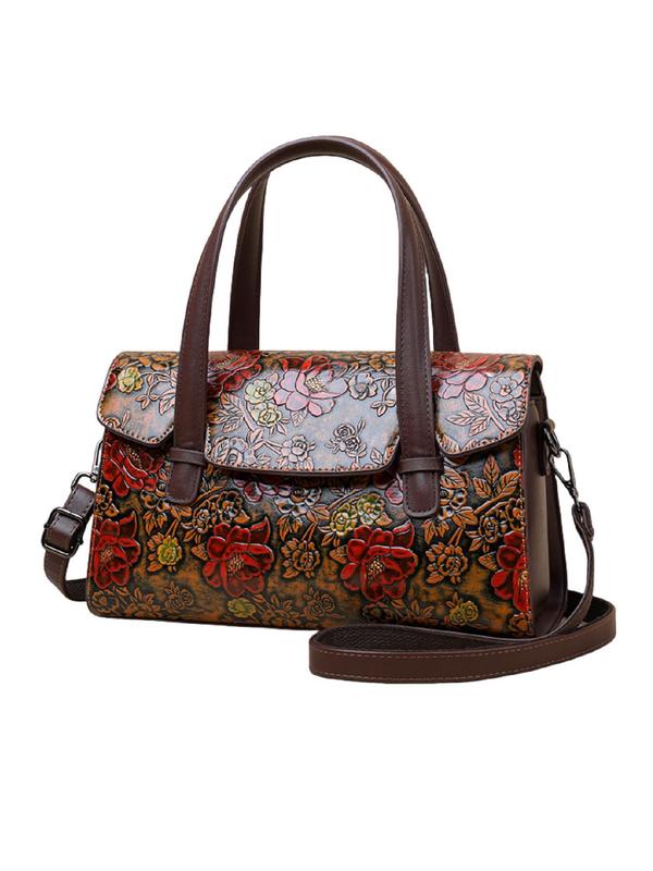 Women's Elegant Floral Embossed Handbag, Fashionable PU Leather Shoulder Bag for Daily Used, Casual Trendy Versatile High-quality Daily Commuting Bag