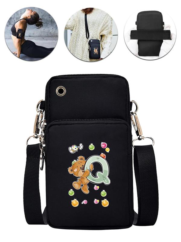 Women's Cute Cartoon Bear & Letter Pattern Zipper Crossbody Bag, Fashionable Phone Wallet Bag for Daily Life, Casual Trendy Versatile Crossbody Bag with Earphone Port