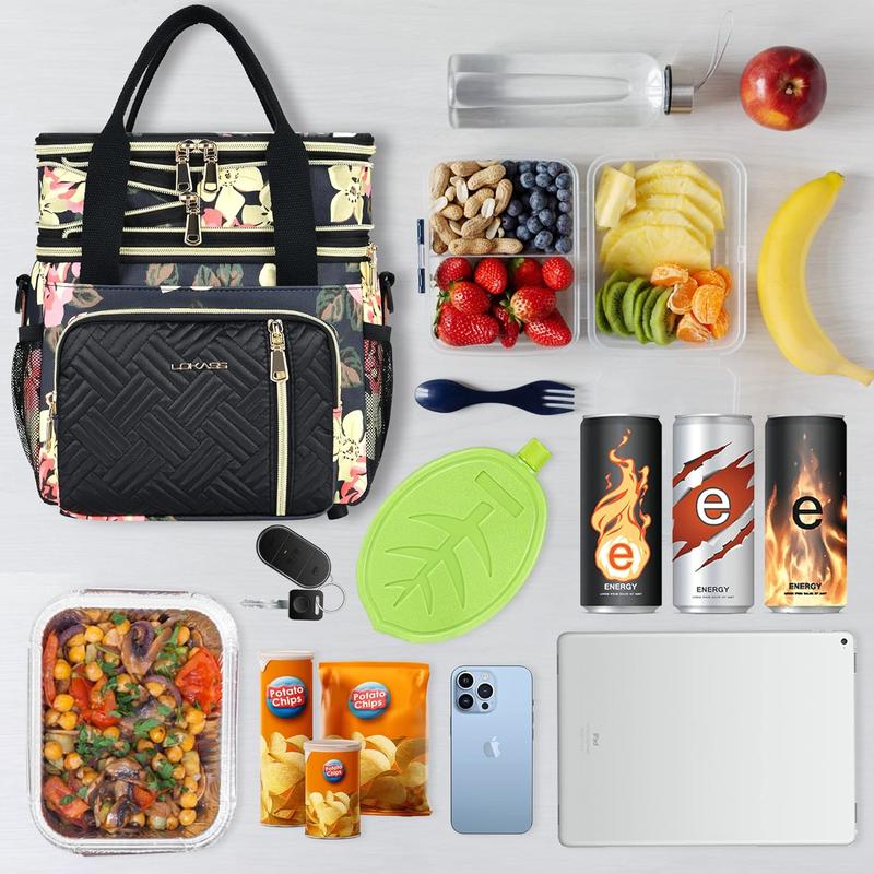 Lunch Bag for Women Work, 16L, Expandable Double Deck Lunch Box, Waterproof Leak-proof Cooler Bag, Fashionable Floral Portable Meal Prep Insulated Lunch Bag with Adjustable Shoulder Strap, Large lunch bag