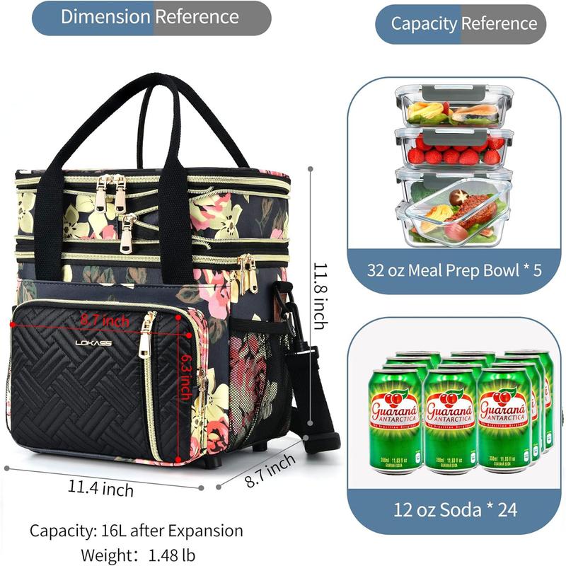 Lunch Bag for Women Work, 16L, Expandable Double Deck Lunch Box, Waterproof Leak-proof Cooler Bag, Fashionable Floral Portable Meal Prep Insulated Lunch Bag with Adjustable Shoulder Strap, Large lunch bag