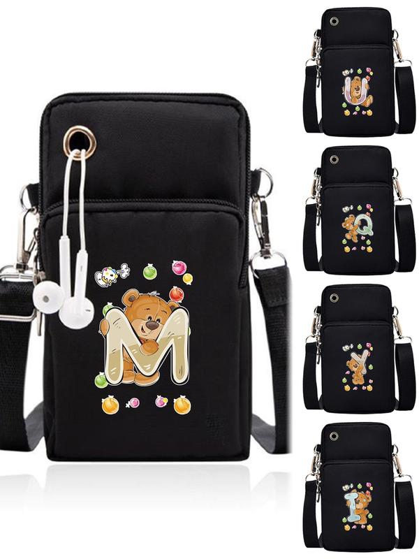 Women's Cute Cartoon Bear & Letter Pattern Zipper Crossbody Bag, Fashionable Phone Wallet Bag for Daily Life, Casual Trendy Versatile Crossbody Bag with Earphone Port