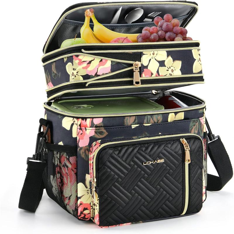 Lunch Bag for Women Work, 16L, Expandable Double Deck Lunch Box, Waterproof Leak-proof Cooler Bag, Fashionable Floral Portable Meal Prep Insulated Lunch Bag with Adjustable Shoulder Strap, Large lunch bag