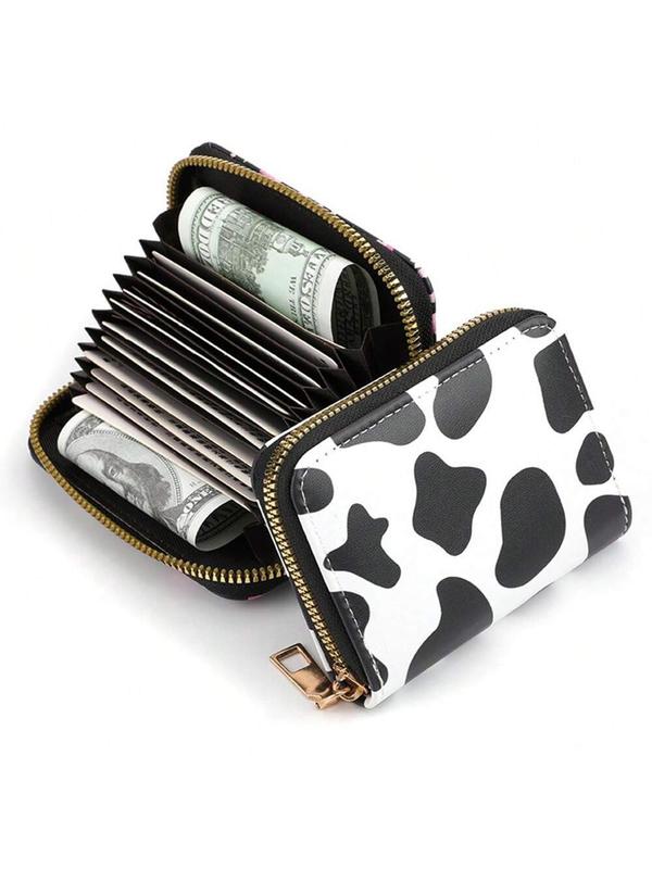 Women's Cow Pattern Zipper Short Wallet, Casual Colorblock Pu Leather Card Holder, Multi Card Slot Purse for Daily Used