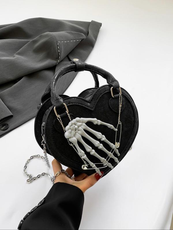 Women's Punk Style Heart Shaped Handbag, Fashionable Skull Hand Decorated Crossbody Bag for Daily Used, Casual Trendy Versatile High-quality  Commuting Bag