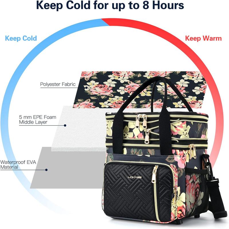 Lunch Bag for Women Work, 16L, Expandable Double Deck Lunch Box, Waterproof Leak-proof Cooler Bag, Fashionable Floral Portable Meal Prep Insulated Lunch Bag with Adjustable Shoulder Strap, Large lunch bag