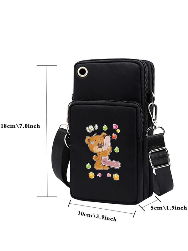 Women's Cute Cartoon Bear & Letter Pattern Zipper Crossbody Bag, Fashionable Phone Wallet Bag for Daily Life, Casual Trendy Versatile Crossbody Bag with Earphone Port